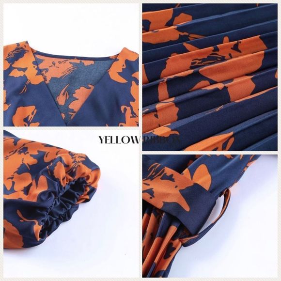 NEW Orange V Neck Wrap Pleated Maxi Floral Dress with Tie / Boho Floral Dresss - Picture 4 of 5